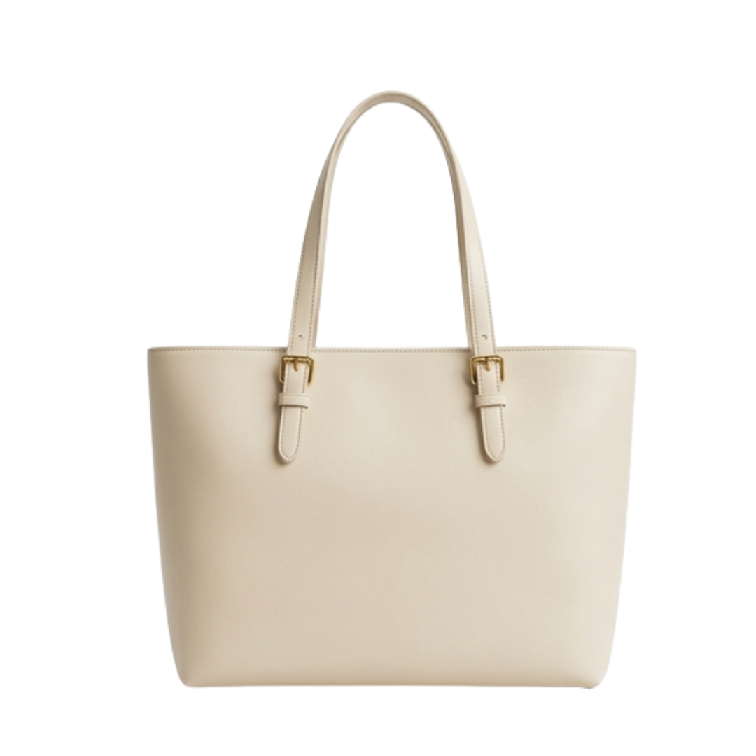 Menor Premium Minimalist Leather Tote Bag Spacious Beige Carryall with Gold-Finish Hardware
