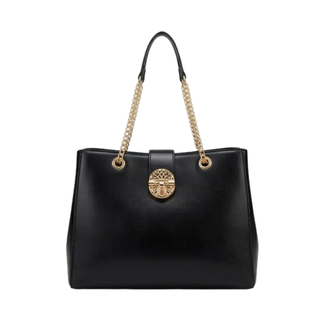 Menor Sophisticated Black Leather Shoulder Bag Minimalist Structured Handbag with Polished Finish