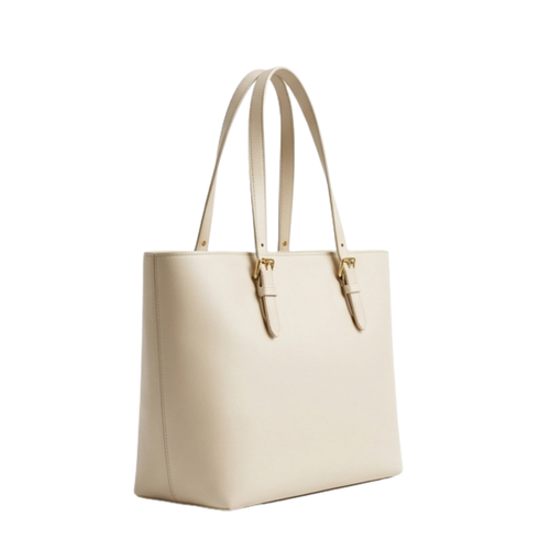 Menor Premium Minimalist Leather Tote Bag Spacious Beige Carryall with Gold-Finish Hardware