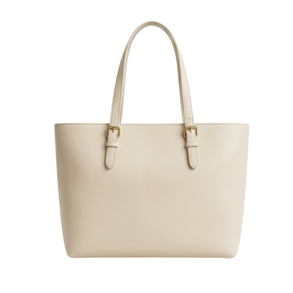 Menor Premium Minimalist Leather Tote Bag Spacious Beige Carryall with Gold-Finish Hardware