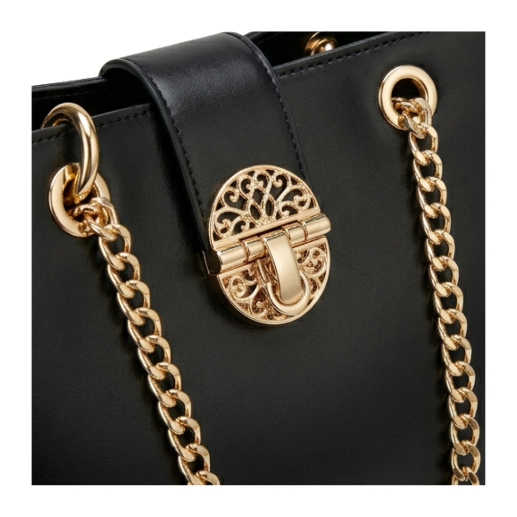Menor Sophisticated Black Leather Shoulder Bag Minimalist Structured Handbag with Polished Finish